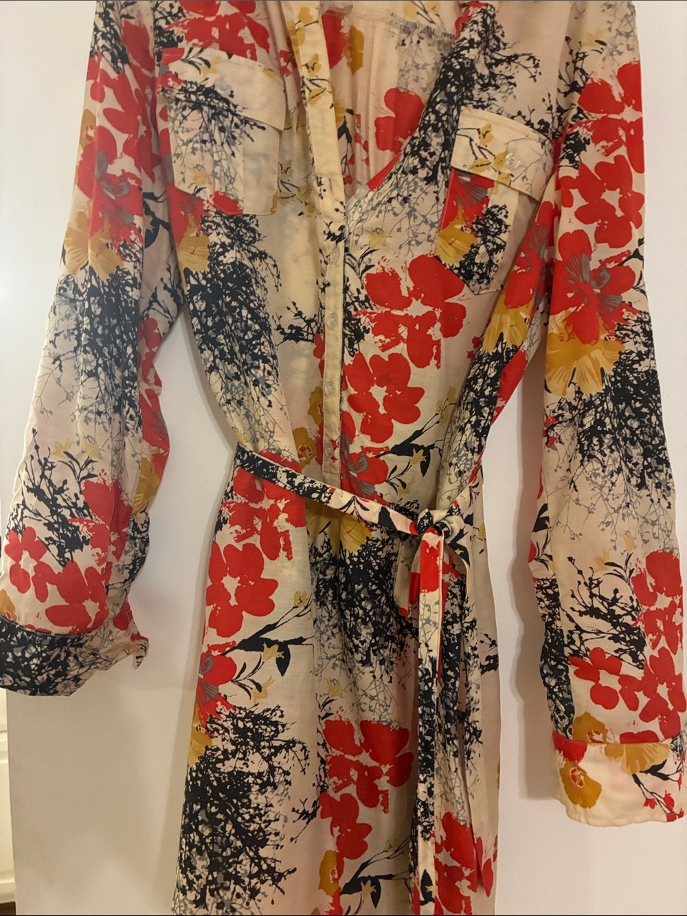 Ark & Co Cream Floral Shirt Dress with Red & Yellow Accents